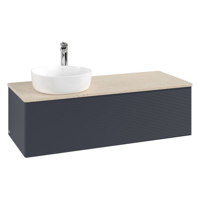 Villeroy & Boch Antao Waschbeckenunterschrank, 120 x 36 cm, 1 Auszug mit LED-Licht, Front mit Struktur, mit Hahnloch, für Waschtisch links