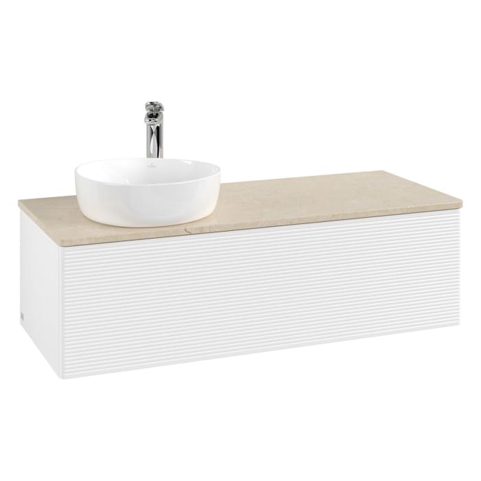 Villeroy & Boch Antao Waschbeckenunterschrank, 120 x 36 cm, 1 Auszug mit LED-Licht, Front mit Struktur, mit Hahnloch, für Waschtisch links