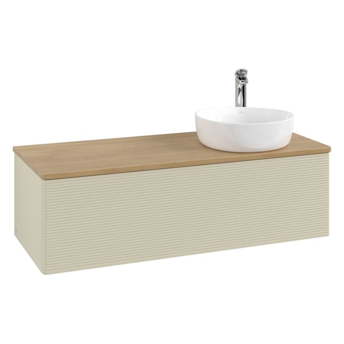 Villeroy & Boch Antao Waschbeckenunterschrank, 120 x 36 cm, 1 Auszug mit LED-Licht, Front mit Struktur, mit Hahnloch, für Waschtisch rechts