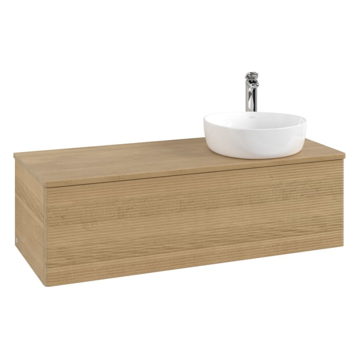 Villeroy & Boch Antao Waschbeckenunterschrank, 120 x 36 cm, 1 Auszug mit LED-Licht, Front mit Struktur, mit Hahnloch, für Waschtisch rechts