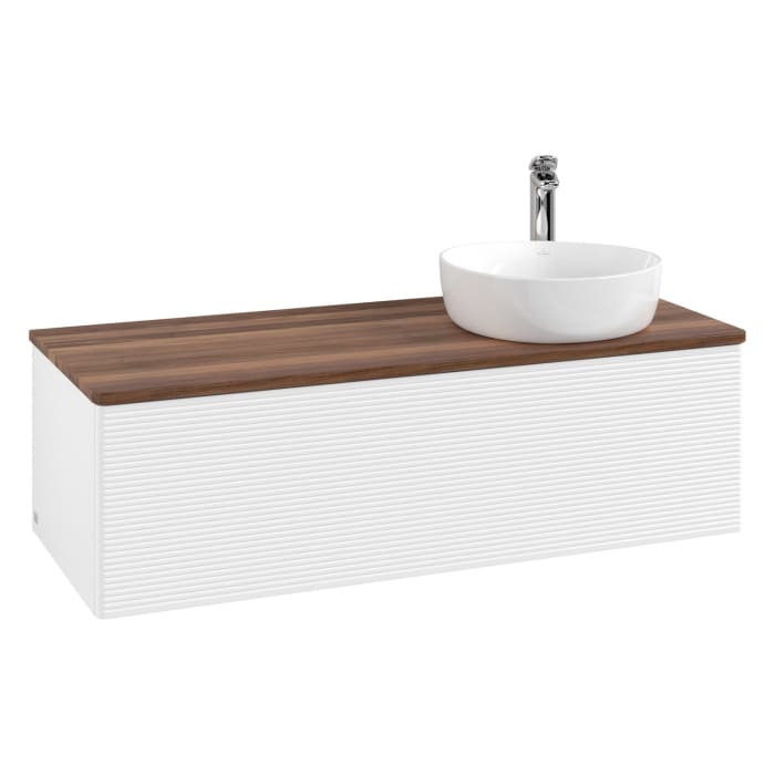Villeroy & Boch Antao Waschbeckenunterschrank, 120 x 36 cm, 1 Auszug mit LED-Licht, Front mit Struktur, mit Hahnloch, für Waschtisch rechts