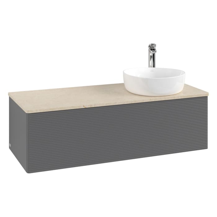 Villeroy & Boch Antao Waschbeckenunterschrank, 120 x 36 cm, 1 Auszug mit LED-Licht, Front mit Struktur, mit Hahnloch, für Waschtisch rechts