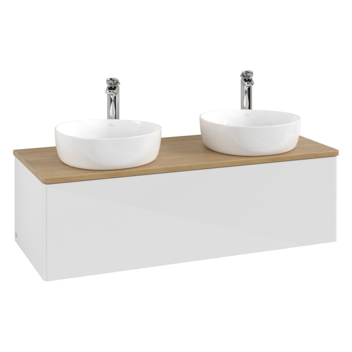 Villeroy & Boch Antao Waschbeckenunterschrank, 120 x 36 cm, 1 Auszug mit LED-Licht, Front ohne Struktur, mit Hahnloch, für Waschtisch links und rechts