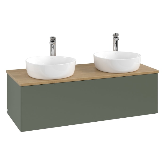 Villeroy & Boch Antao Waschbeckenunterschrank, 120 x 36 cm, 1 Auszug mit LED-Licht, Front ohne Struktur, mit Hahnloch, für Waschtisch links und rechts