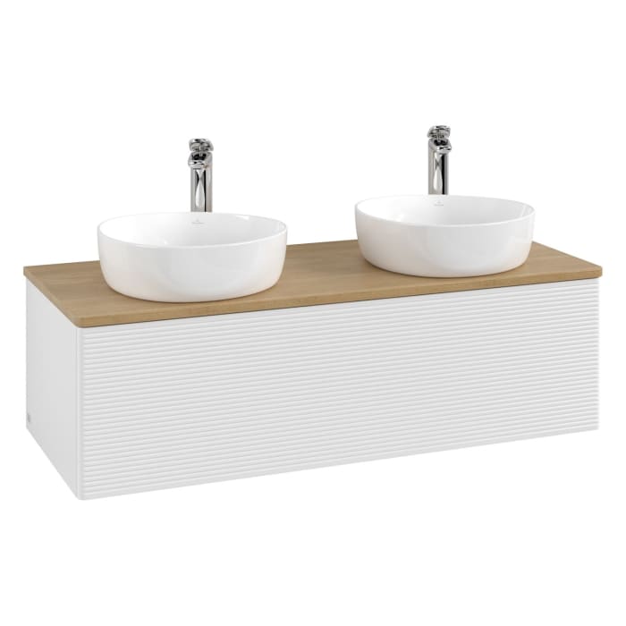 Villeroy & Boch Antao Waschbeckenunterschrank, 120 x 36 cm, 1 Auszug mit LED-Licht, Front mit Struktur, mit Hahnloch, für Waschtisch links und rechts