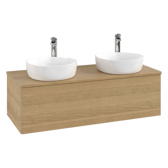 Villeroy & Boch Antao Waschbeckenunterschrank, 120 x 36 cm, 1 Auszug mit LED-Licht, Front mit Struktur, mit Hahnloch, für Waschtisch links und rechts