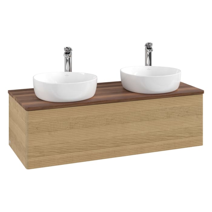 Villeroy & Boch Antao Waschbeckenunterschrank, 120 x 36 cm, 1 Auszug mit LED-Licht, Front mit Struktur, mit Hahnloch, für Waschtisch links und rechts