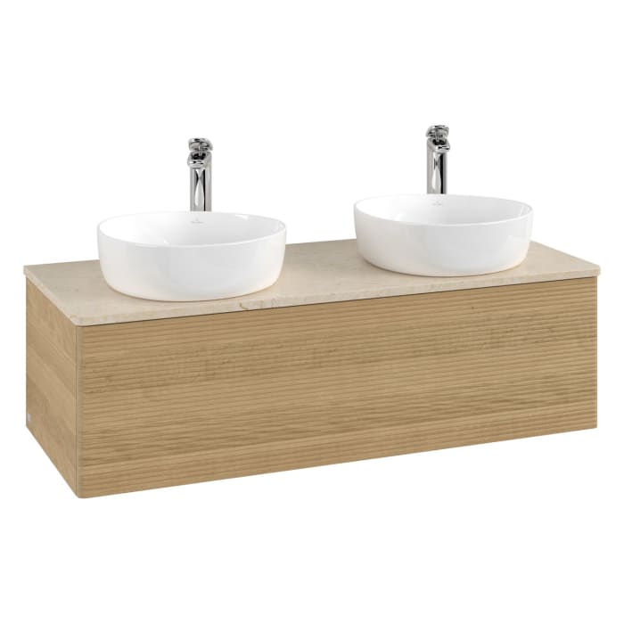 Villeroy & Boch Antao Waschbeckenunterschrank, 120 x 36 cm, 1 Auszug mit LED-Licht, Front mit Struktur, mit Hahnloch, für Waschtisch links und rechts