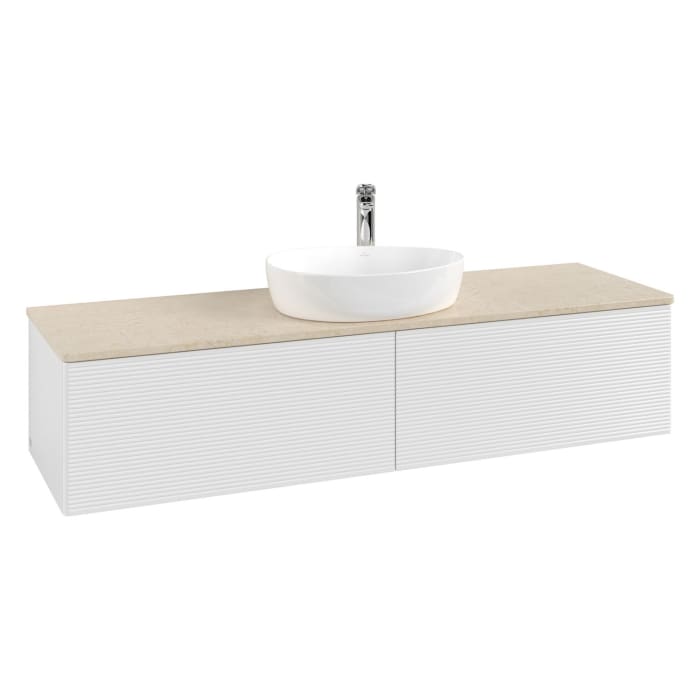 Villeroy & Boch Antao Waschbeckenunterschrank, 160 x 36 cm, 2 Auszüge mit LED-Licht, Front mit Struktur, mit Hahnloch, für Waschtisch mittig