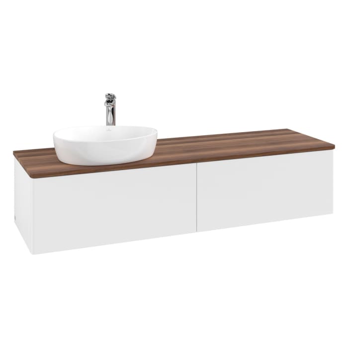 Villeroy & Boch Antao Waschbeckenunterschrank, 160 x 36 cm, 2 Auszüge mit LED-Licht, Front ohne Struktur, mit Hahnloch, für Waschtisch links
