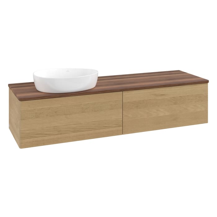 Villeroy & Boch Antao Waschbeckenunterschrank, 160 x 36 cm, 2 Auszüge mit LED-Licht, Front mit Struktur, ohne Hahnloch, für Waschtisch links