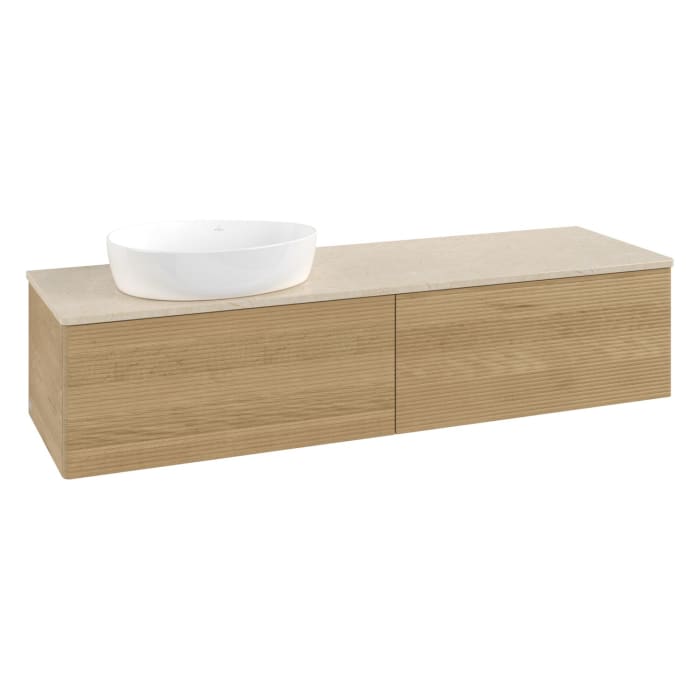 Villeroy & Boch Antao Waschbeckenunterschrank, 160 x 36 cm, 2 Auszüge mit LED-Licht, Front mit Struktur, ohne Hahnloch, für Waschtisch links