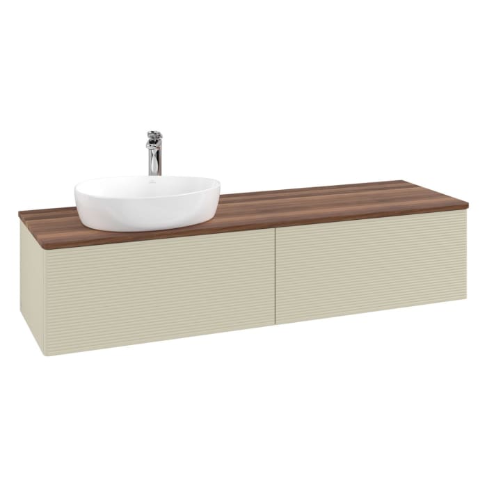 Villeroy & Boch Antao Waschbeckenunterschrank, 160 x 36 cm, 2 Auszüge mit LED-Licht, Front mit Struktur, mit Hahnloch, für Waschtisch links