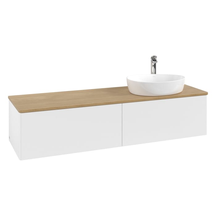 Villeroy & Boch Antao Waschbeckenunterschrank, 160 x 36 cm, 2 Auszüge mit LED-Licht, Front ohne Struktur, mit Hahnloch, für Waschtisch rechts