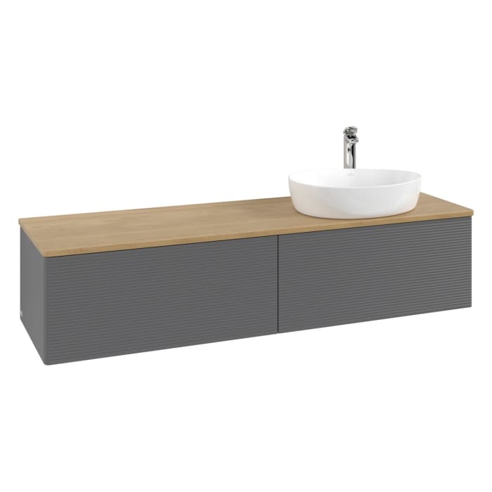 Villeroy & Boch Antao Waschbeckenunterschrank, 160 x 36 cm, 2 Auszüge mit LED-Licht, Front mit Struktur, mit Hahnloch, für Waschtisch rechts