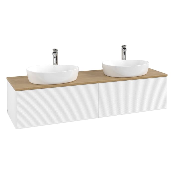 Villeroy & Boch Antao Waschbeckenunterschrank, 160 x 36 cm, 2 Auszüge mit LED-Licht, Front mit Struktur, mit Hahnloch, für Waschtisch links und rechts