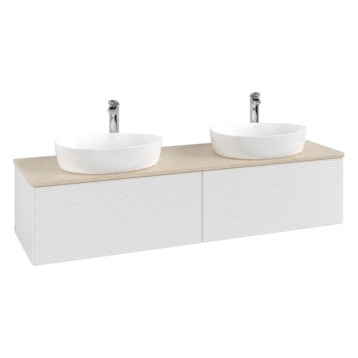 Villeroy & Boch Antao Waschbeckenunterschrank, 160 x 36 cm, 2 Auszüge mit LED-Licht, Front mit Struktur, mit Hahnloch, für Waschtisch links und rechts