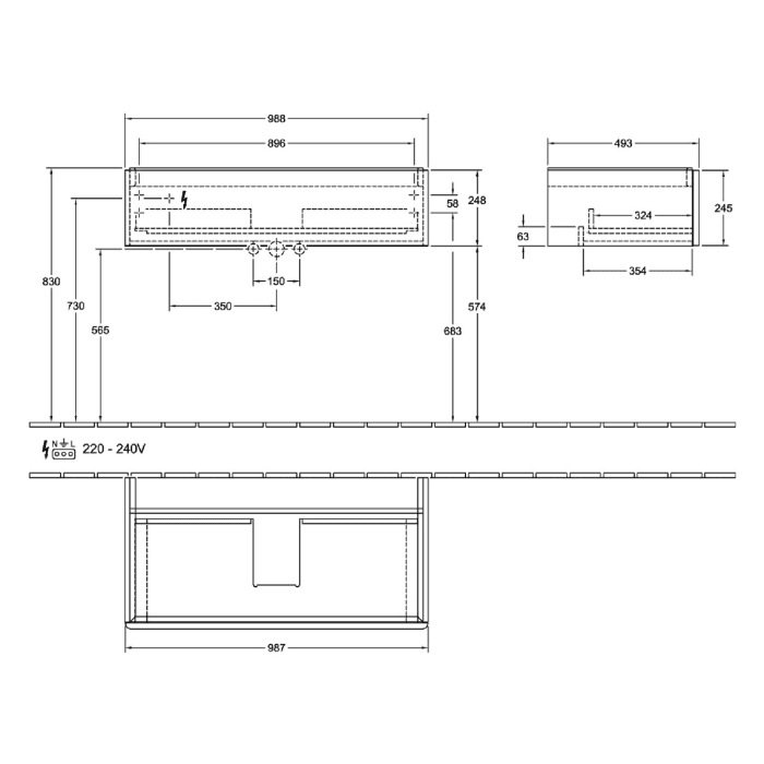Villeroy & Boch Antao Waschbeckenunterschrank, 98,8 x 25,6 cm, 1 Auszug, Front ohne Struktur