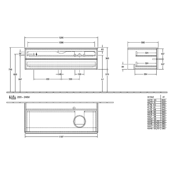 Villeroy & Boch Antao Waschbeckenunterschrank, 120 x 19 cm, 2 Auszüge, Fronten ohne Struktur, mit Hahnloch, für Waschtisch rechts