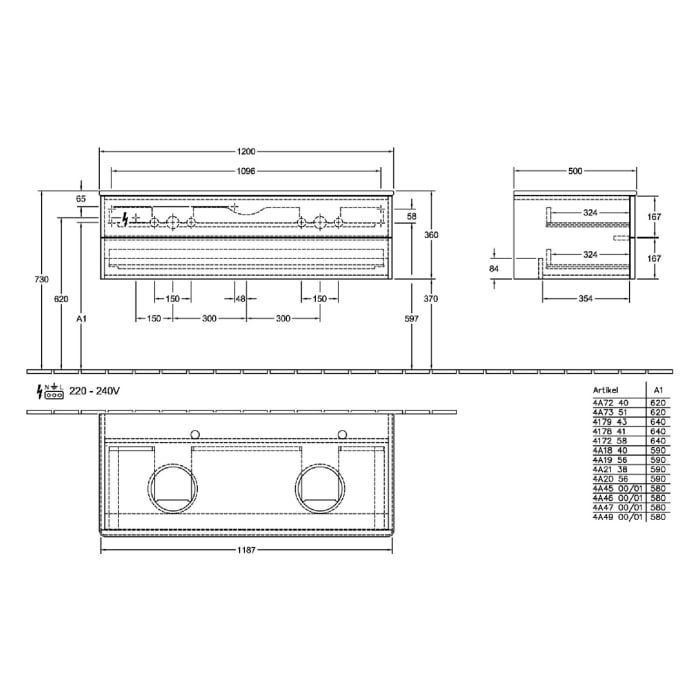 Villeroy & Boch Antao Waschbeckenunterschrank, 120 x 19 cm, 2 Auszüge, Fronten ohne Struktur, ohne Hahnloch, für Waschtisch links und rechts