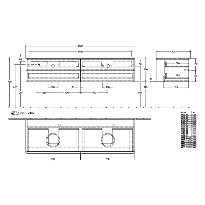 Villeroy & Boch Antao Waschbeckenunterschrank, 160 x 19 cm, 4 Auszüge, Fronten ohne Struktur, ohne Hahnloch, für Waschtisch links und rechts