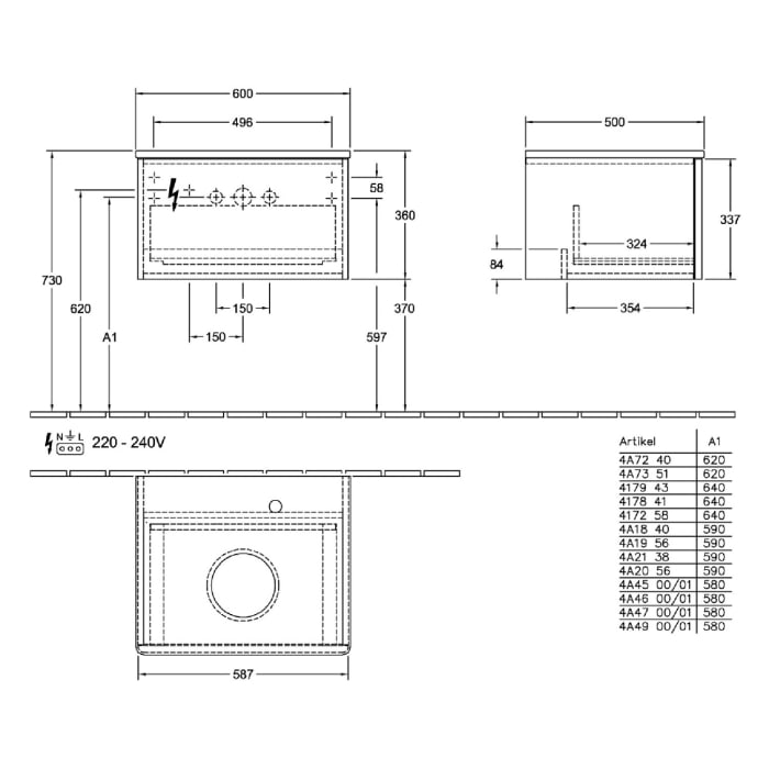 Villeroy & Boch Antao Waschbeckenunterschrank, 60 x 36 cm, 1 Auszug, Front mit Struktur, ohne Hahnloch