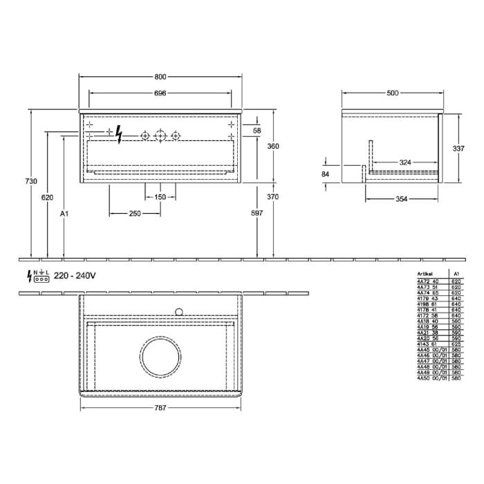 Villeroy & Boch Antao Waschbeckenunterschrank, 80 x 36 cm, 1 Auszug, Front ohne Struktur, mit Hahnloch