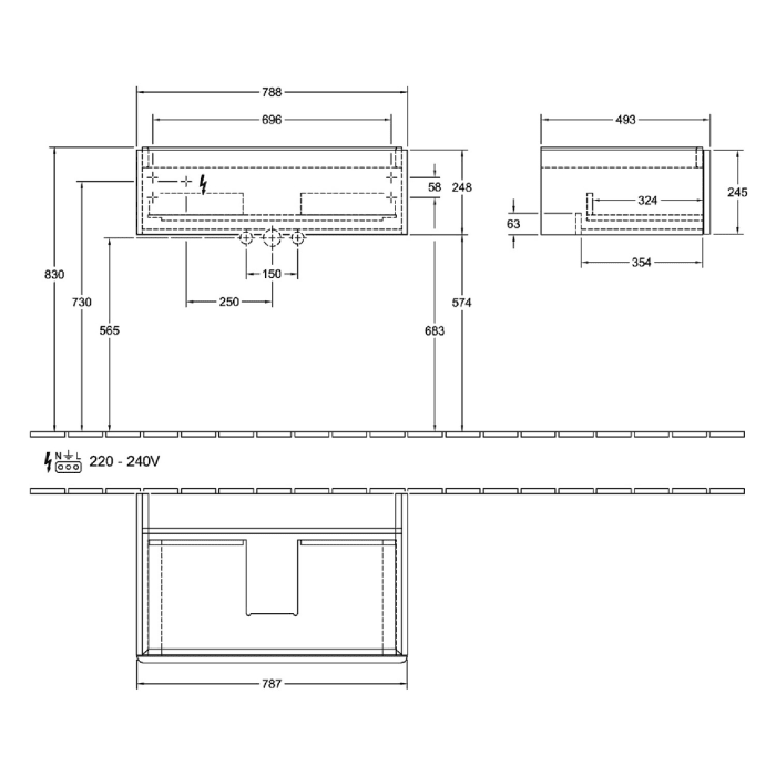 Villeroy & Boch Antao Waschbeckenunterschrank, 78,8 x 25,6 cm, 1 Auszug, Front ohne Struktur, mit LED-Licht