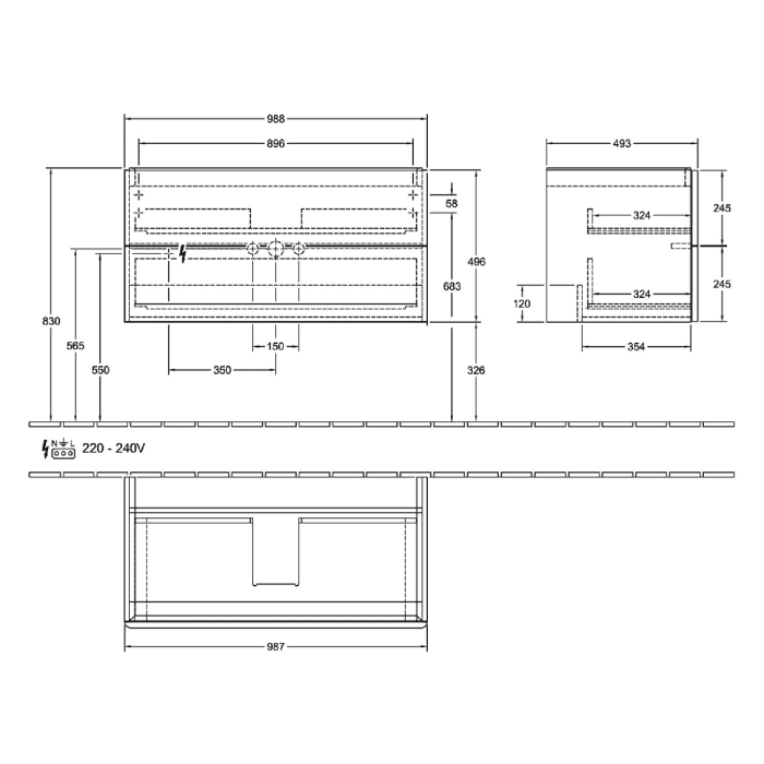 Villeroy & Boch Antao Waschbeckenunterschrank, 98,8 x 50,4 cm, 2 Auszüge, Fronten mit Struktur, mit LED-Licht