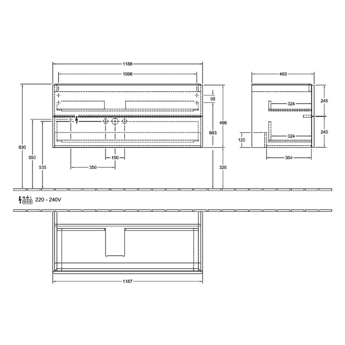 Villeroy & Boch Antao Waschbeckenunterschrank, 118,8 x 50,4 cm, 2 Auszüge, Fronten ohne Struktur, mit LED-Licht