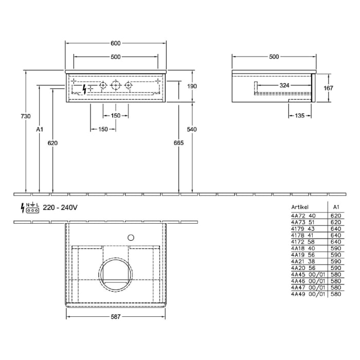 Villeroy & Boch Antao Waschbeckenunterschrank, 60 x 19 cm, 1 Auszug mit LED-Licht, Front mit Struktur, ohne Hahnloch