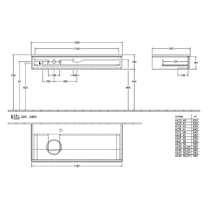 Villeroy & Boch Antao Waschbeckenunterschrank, 120 x 19 cm, 1 Auszug mit LED-Licht, Front mit Struktur, mit Hahnloch, für Waschtisch links