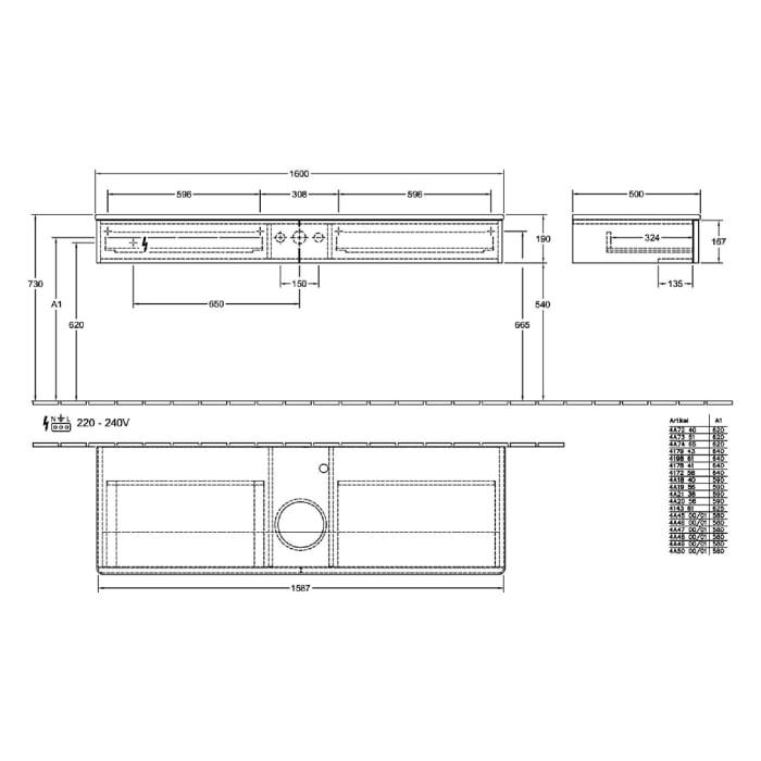 Villeroy & Boch Antao Waschbeckenunterschrank, 160 x 19 cm, 2 Auszüge mit LED-Licht, Front mit Struktur, mit Hahnloch, für Waschtisch mittig