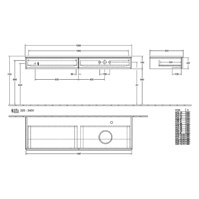 Villeroy & Boch Antao Waschbeckenunterschrank, 160 x 19 cm, 2 Auszüge mit LED-Licht, Front mit Struktur, ohne Hahnloch, für Waschtisch rechts