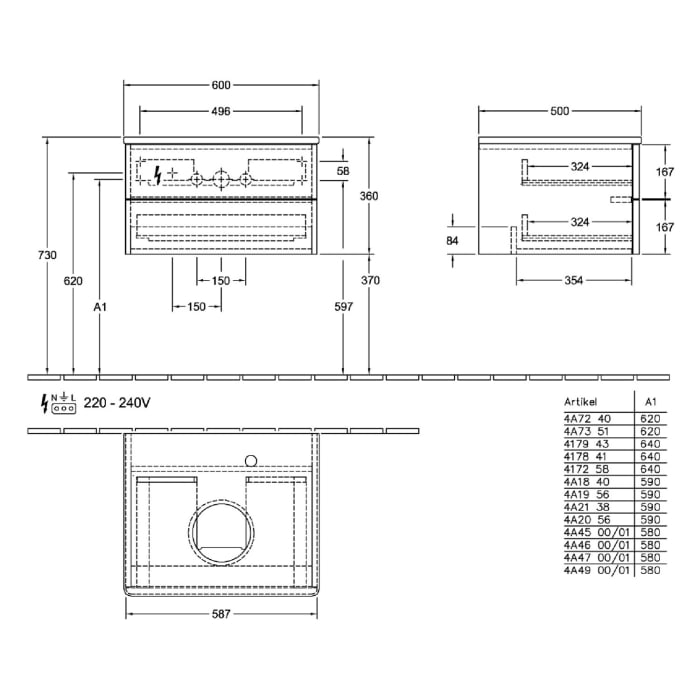 Villeroy & Boch Antao Waschbeckenunterschrank, 60 x 36 cm, 2 Auszüge mit LED-Licht, Front mit Struktur, mit Hahnloch