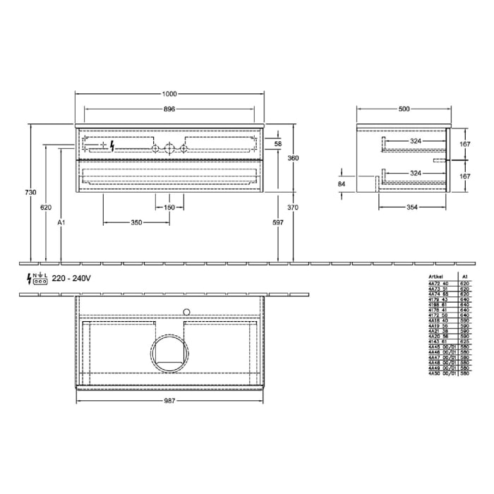 Villeroy & Boch Antao Waschbeckenunterschrank, 100 x 36 cm, 2 Auszüge mit LED-Licht, Front ohne Struktur, mit Hahnloch