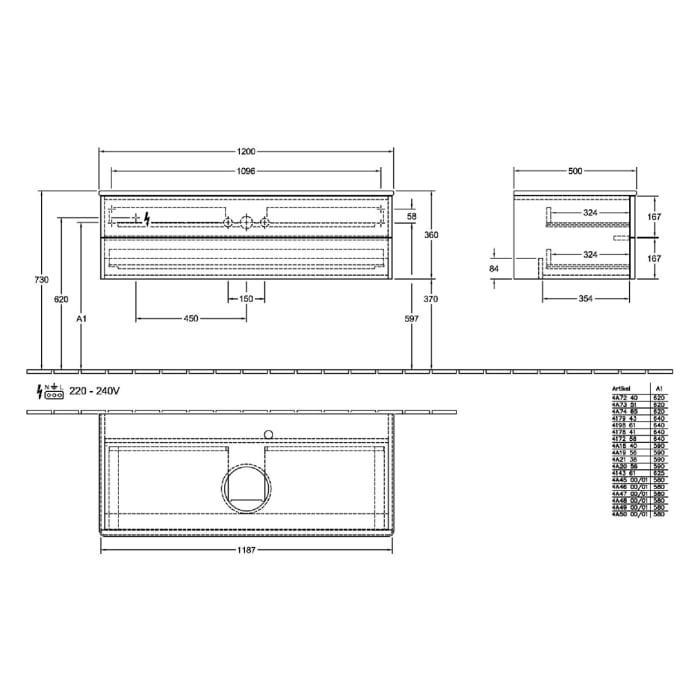 Villeroy & Boch Antao Waschbeckenunterschrank, 120 x 36 cm, 2 Auszüge mit LED-Licht, Front mit Struktur, mit Hahnloch, für Waschtisch mittig