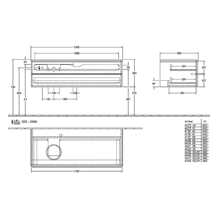 Villeroy & Boch Antao Waschbeckenunterschrank, 120 x 36 cm, 2 Auszüge mit LED-Licht, Front mit Struktur, mit Hahnloch, für Waschtisch links