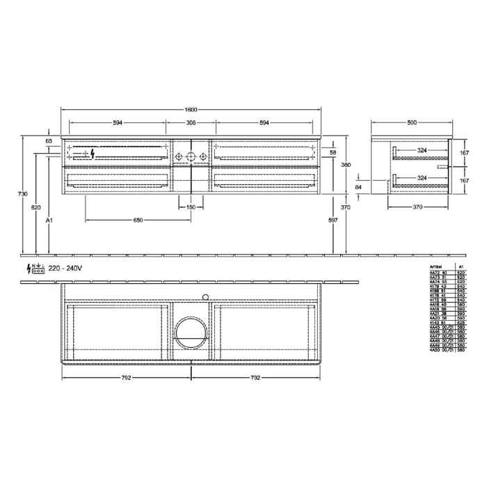 Villeroy & Boch Antao Waschbeckenunterschrank, 160 x 36 cm, 4 Auszüge mit LED-Licht, Front ohne Struktur, ohne Hahnloch, für Waschtisch mittig