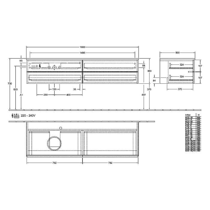 Villeroy & Boch Antao Waschbeckenunterschrank, 160 x 36 cm, 4 Auszüge mit LED-Licht, Front ohne Struktur, mit Hahnloch, für Waschtisch links
