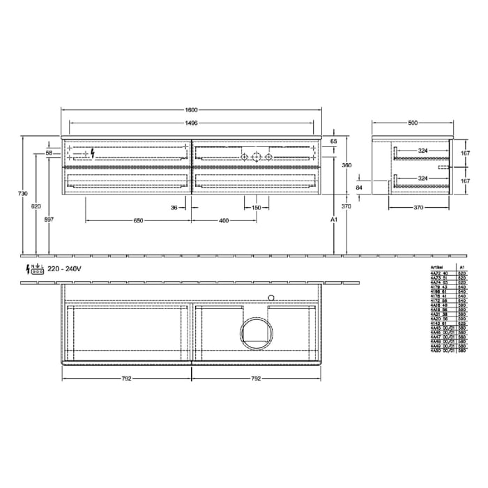 Villeroy & Boch Antao Waschbeckenunterschrank, 160 x 36 cm, 4 Auszüge mit LED-Licht, Front mit Struktur, ohne Hahnloch, für Waschtisch rechts