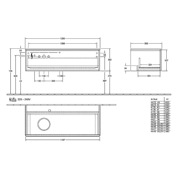 Villeroy & Boch Antao Waschbeckenunterschrank, 120 x 36 cm, 1 Auszug mit LED-Licht, Front ohne Struktur, ohne Hahnloch, für Waschtisch links