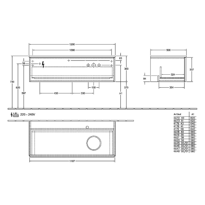 Villeroy & Boch Antao Waschbeckenunterschrank, 120 x 36 cm, 1 Auszug mit LED-Licht, Front mit Struktur, mit Hahnloch, für Waschtisch rechts