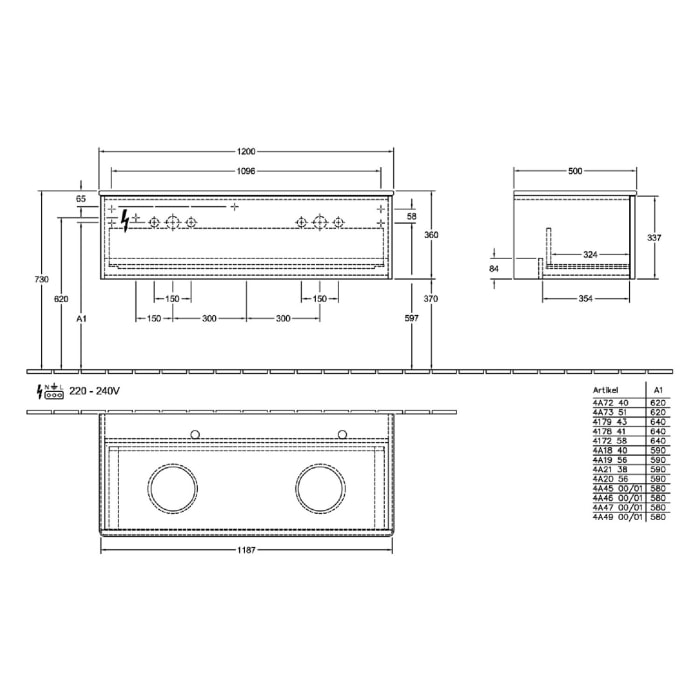 Villeroy & Boch Antao Waschbeckenunterschrank, 120 x 36 cm, 1 Auszug mit LED-Licht, Front mit Struktur, ohne Hahnloch, für Waschtisch links und rechts