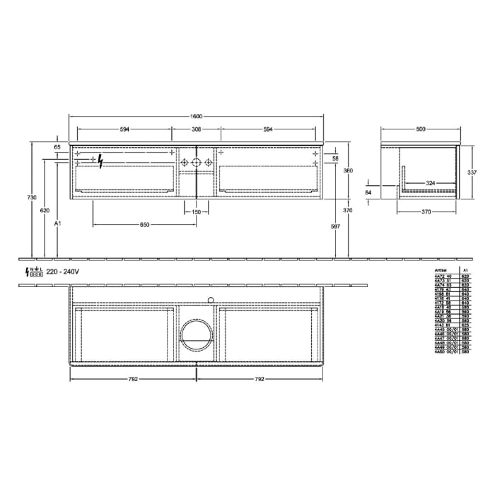 Villeroy & Boch Antao Waschbeckenunterschrank, 160 x 36 cm, 2 Auszüge mit LED-Licht, Front mit Struktur, mit Hahnloch, für Waschtisch mittig