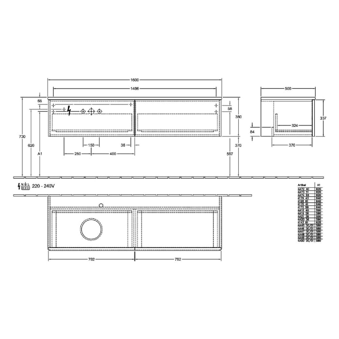 Villeroy & Boch Antao Waschbeckenunterschrank, 160 x 36 cm, 2 Auszüge mit LED-Licht, Front mit Struktur, mit Hahnloch, für Waschtisch links