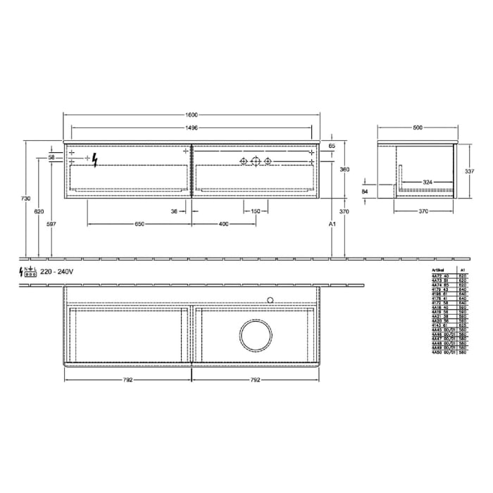 Villeroy & Boch Antao Waschbeckenunterschrank, 160 x 36 cm, 2 Auszüge mit LED-Licht, Front mit Struktur, ohne Hahnloch, für Waschtisch rechts