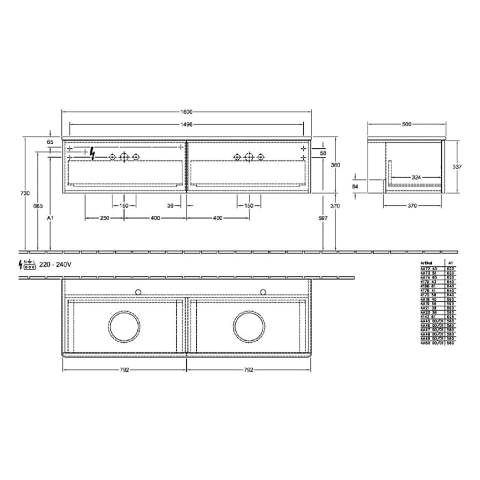 Villeroy & Boch Antao Waschbeckenunterschrank, 160 x 36 cm, 2 Auszüge mit LED-Licht, Front ohne Struktur, mit Hahnloch, für Waschtisch links und recht