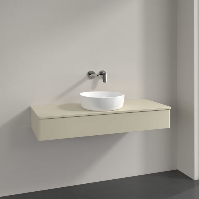Villeroy & Boch Antao Waschbeckenunterschrank, 120 x 19 cm, 1 Auszug, Front ohne Struktur, mit Hahnloch, für Waschtisch mittig