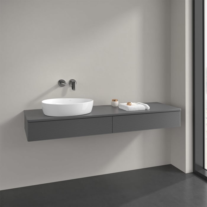 Villeroy & Boch Antao Waschbeckenunterschrank, 160 x 19 cm, 2 Auszüge, Front mit Struktur, mit Hahnloch, für Waschtisch links